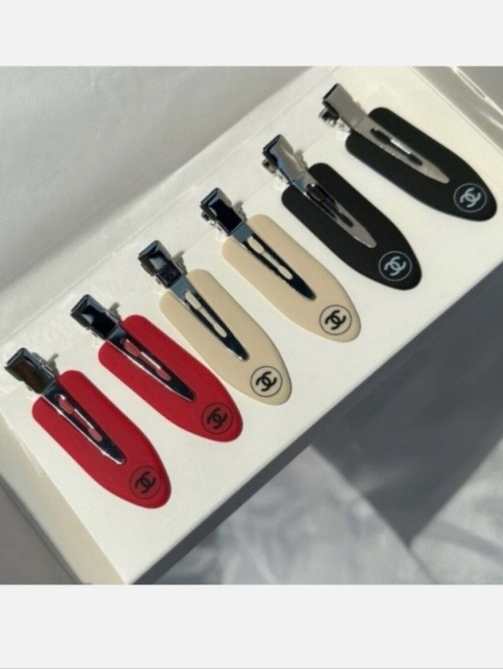 CHANEL Logo Hair Clip Set — Red, Beige, Black